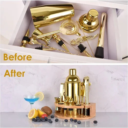 Vista 3 de Kit de Barman con elegante soporte de bambú, juego de coctelera de 12 piezas de 25 onzas para bebidas mixtas, juego de herramientas profesionales