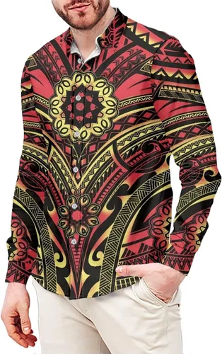 Vista 10 de Camisas polinesias para hombre con patrones de hojas tropicales polinesias, camisa hawaiana de manga larga para hombre, ropa de vacaciones de otoño