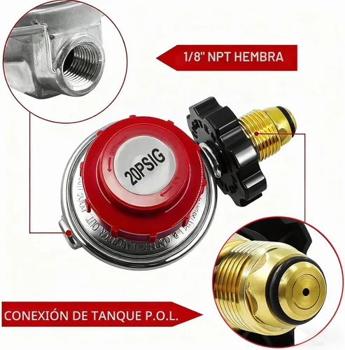 Vista 4 de Válvula Reguladora de Propano Ajustable 0 a 20 PSI Kit de Conversión de Manguera LP. Adaptador POL macho de entrada con salida de 1/8" NPT macho a