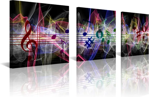Vista 11 de 3 piezas de lienzo musical para pared, impresiones de notas musicales abstractas, coloridas ilustraciones de ondas sonoras, claves agudas