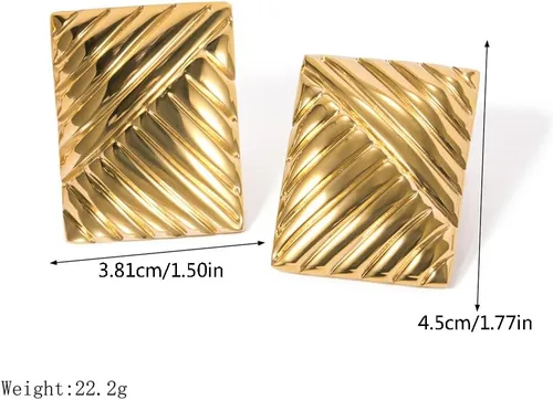 Vista 2 de Delicados aretes grandes rectangulares con textura gruesa para mujer, estilo vintage, de acero inoxidable, diseño geométrico, diseño único, joyería