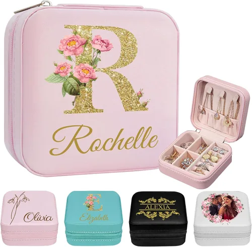 Vista 19 de Joyero de viaje personalizado para mujer, foto personalizada, nombre, logotipo, joyero, regalo de dama de honor, boda, cumpleaños