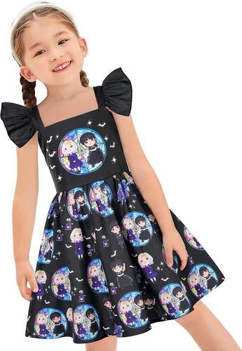 Vista 2 de Bostetion Wednesday Addams - Vestido para niños y niñas, disfraz de familia Addams, vestido de fiesta de cosplay de Halloween, 5-12 años
