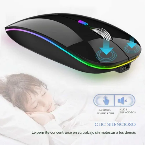 Vista 3 de TENMOS Ratón inalámbrico Bluetooth, LED delgado (Bluetooth 5.1 + USB) 2.4GHz recargable silencioso con adaptador tipo C para Laptop/MacBook/iPad