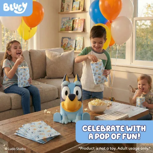 Vista 9 de Uncanny Brands Bluey - Máquina eléctrica para hacer palomitas de maíz, sin aceite, con 12 bolsas de papel, con licencia