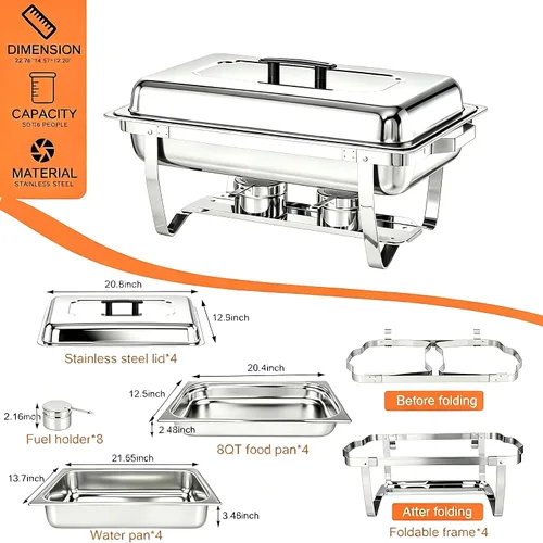 Vista 9 de Recipientes Calentadores para Buffet Paquete de 4, Juego de Recipientes Calentadores de Buffet de Acero Inoxidable de 9 Cuartos con Marco Plegable