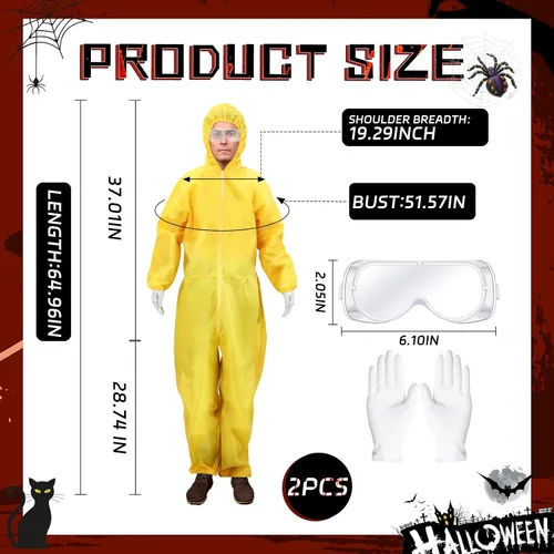 Vista 2 de Liitrsh Juego de 2 juegos de material peligroso amarillo, disfraz de Halloween para adultos, hombres y mujeres, tamaño estándar, incluye overol