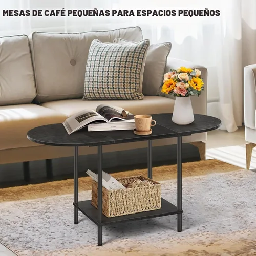 Vista 6 de Mesas de café negras para sala de estar, mesa de centro oval pequeña de mediados de siglo con estante de almacenamiento y tablero de madera, mesa