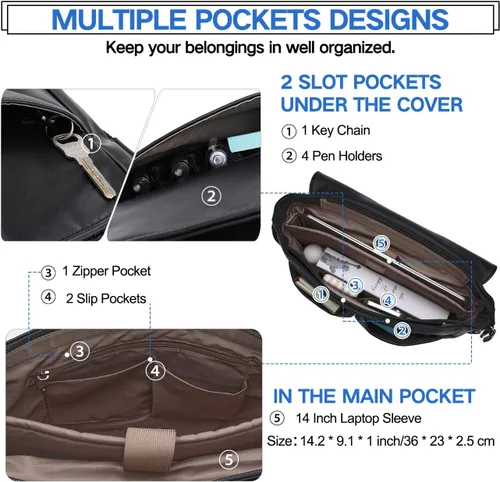 Vista 4 de VX VONXURY Bolsa de mensajero para hombre, piel sintética de 14 pulgadas, maletín para laptop para trabajo y escuela, café, Piel sintética negra
