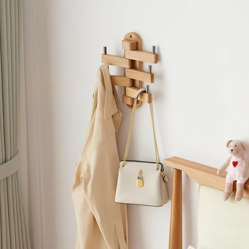 Vista 4 de Perchero giratorio de roble con ganchos para abrigos, ganchos de pared de madera con 5 brazos plegables giratorios, perchero de pared de 30 cm