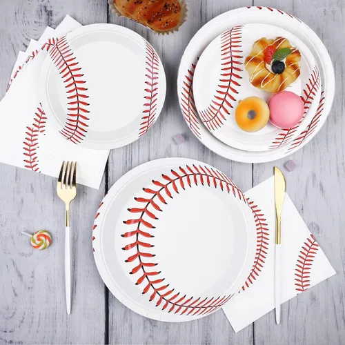 Vista 4 de 80 unidades de suministros para fiestas de béisbol de 9 y 7 pulgadas, 32 platos y 48 servilletas, rojo y blanco, para decoraciones de fiestas
