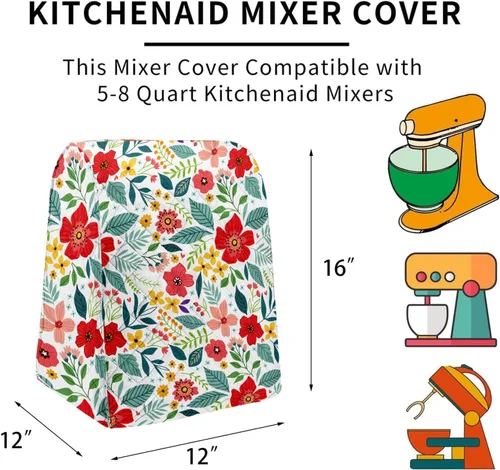 Vista 2 de Funda para batidora de pie floral con bolsillos, acolchada a prueba de polvo, compatible con KitchenAid de 5 a 8 cuartos de galón, Hamilton Beach