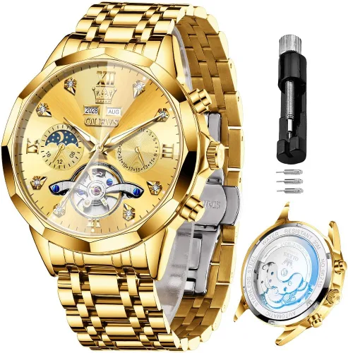 Vista 62 de OLEVS Reloj de pulsera automático con diseño de esqueleto para hombre, de lujo, con diamantes de lujo, de acero inoxidable, calendario, reloj