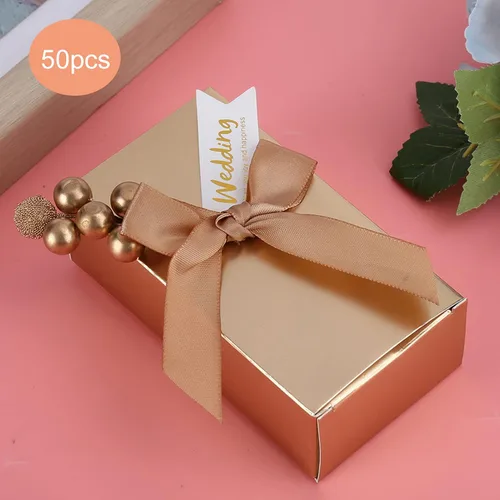Vista 2 de Cajas de recuerdos de fiesta con lazo, 50 unidades, cinta de champán, caja de regalo de papel de caramelo, bolsas rectangulares con purpurina