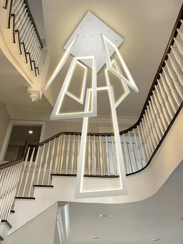 Vista 25 de Flashing God Candelabro moderno, candelabros cromados con 6 anillos LED, lámpara de techo alto más grande para sala de estar, lámpara rectangular