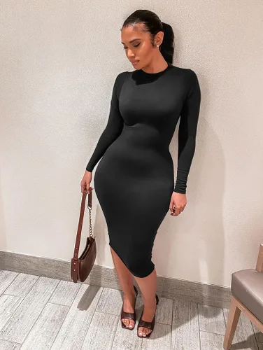 Vista 9 de Vestido sexi ceñido al cuerpo para mujer, vestido por debajo de la rodilla tipo lápiz, de manga larga y cuello redondo, para trabajo y oficina