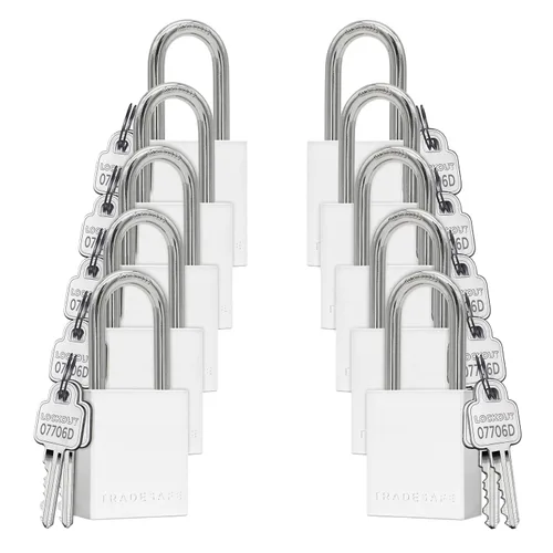 Vista 11 de TRADESAFE Juego de cerraduras de bloqueo y etiquetado – 10 cerraduras de aluminio azul, candados de bloqueo con llave igual, 2 llaves por candado