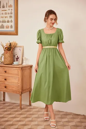 Vista 4 de Vestidos de regencia para mujer con cintura imperio, volantes, manga abombada, vestido largo