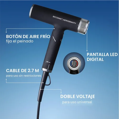 Vista 5 de Bio Ionic AeroGravity - Secador de pelo Featherlight, mango plegable, reduce el encrespamiento y la estática, compacto, ultra ligero, doble voltaje