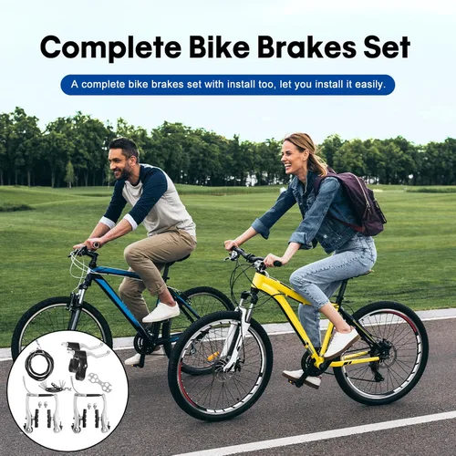 Vista 6 de Juego de frenos de bicicleta tipo V delanteros y traseros para bicicleta, palanca de freno MTB, kit de cables interiores y exteriores con llaves
