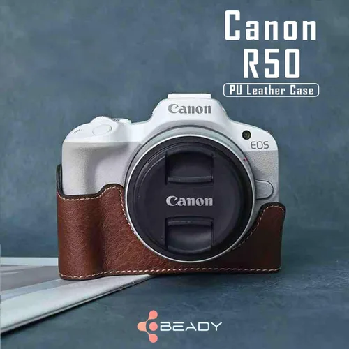 Vista 5 de Funda para cámara Canon EOS R50 Half Cover Case Grip BEADY PU Leather EOS r50 Funda protectora marrón