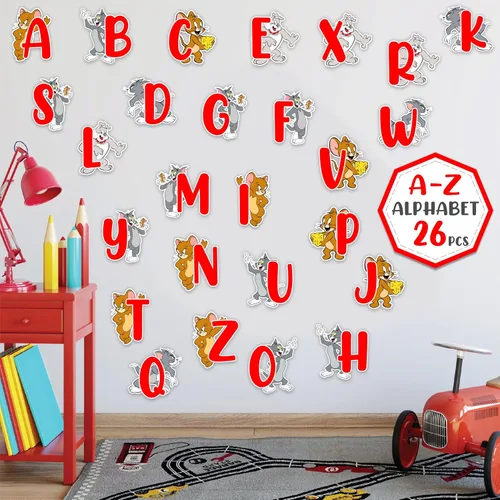 Vista 3 de Tom & Jery - Adhesivo decorativo para pared del alfabeto (A–Z), divertido alfabeto de dibujos animados para espacios de aprendizaje, calcomanías