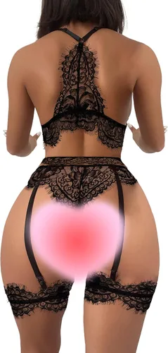 Vista 2 de Lilosy Conjunto de lencería transparente con lazo de liguero inalámbrico para mujer, 3 piezas