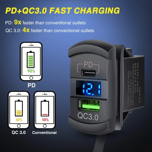 Vista 5 de Nilight Interruptor de palanca con salida USB estilo LED voltímetro conector rápido 12V PD tipo C y USB QC 3.0 para automóviles, reemplazo