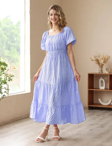 Vista 3 de YESNO Vestido floral casual de verano 2023 para mujer, cuello cuadrado, manga corta, cintura ceñida, maxi vestido con bolsillos, E11