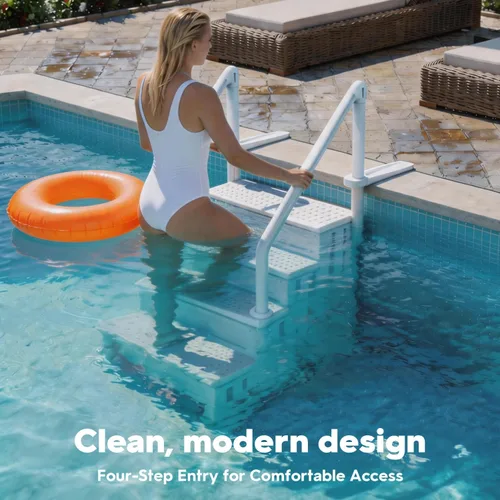 Vista 7 de XtremepowerUS Escalera de piscina sobre el suelo y sistema de 4 escalones con pasamanos, escalera de entrada resistente para acceso de terraza a