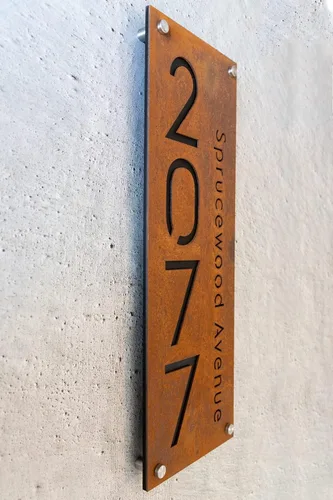 Vista 8 de Placa de números de casa de hierro oxidado con dirección, números de casa modernos para exterior, placa de dirección, señal de dirección