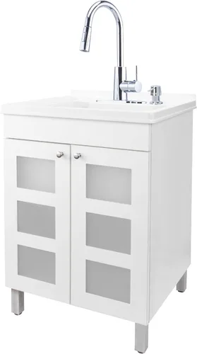Vista 11 de JS Jackson Supplies, fregadero utilitario con gabinete de tocador blanco, grifo rociador desplegable de arco alto, dispensador de jabón y tocador