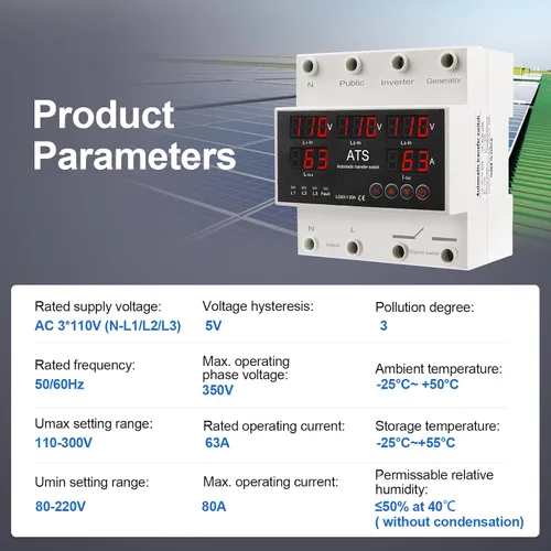 Vista 4 de Interruptor de Transferencia Automática ATS 4P 63A 110V - Selector de Fase de Prioridad L1, 50/60Hz, Montaje en Riel DIN, Certificado CE para Uso