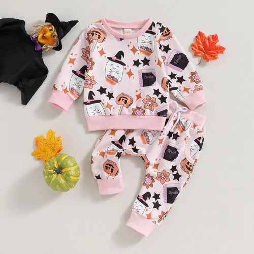 Vista 2 de Kayotuas Conjunto de sudadera de manga larga con estampado de arco de calabaza y esqueleto para bebé de Halloween, para otoño