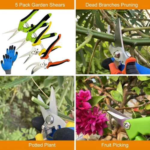 Vista 2 de Tijeras de podar, paquete de 5 tijeras de jardín con guantes de jardinería, cortadoras manuales, tijeras de jardín de acero inoxidable, podadoras