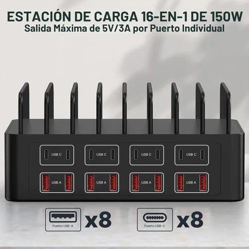 Vista 2 de Estación de carga de 150W/35A para múltiples dispositivos, RUANSZZ Estación de carga rápida de 16 puertos USB-C, Organizador de carga múltiple