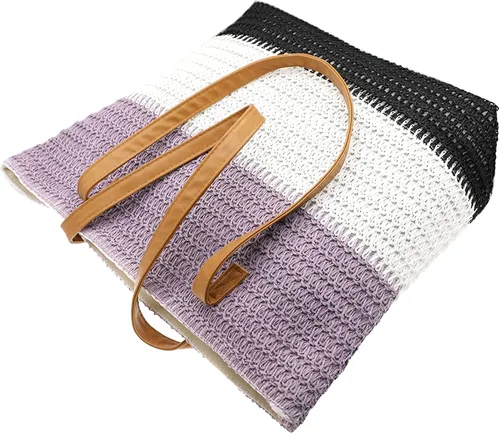 Vista 101 de Bolso grande de paja para mujer, tejido de ratán, bolso de playa de verano, a rayas