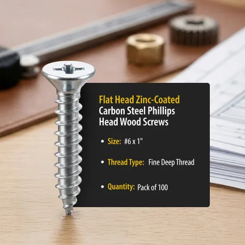 Vista 2 de 100 Unidades Tornillos para Madera #6 x 1" Cabeza Plana Recubiertos de Zinc Cabeza Phillips (BCP4) Phillips Drive, rosca profunda con punta fina