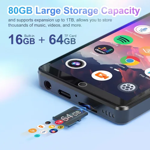 Vista 4 de Reproductor de MP3 Conrain de 80GB con Bluetooth y WiFi, Reproductor de MP3 Android con pantalla táctil de 4.02" con cámara trasera de 13MP