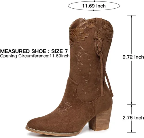 Vista 6 de SHIBEVER Botas vaqueras vaqueras para mujer botas de tacón alto Western Country Botas de gamuza con cremallera a media pantorrilla