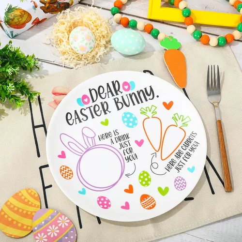 Vista 4 de AnyDesign Plato redondo de conejo de Pascua, platos redondos de conejo, zanahorias para querida Pascua, platos de plástico reutilizables, bandeja