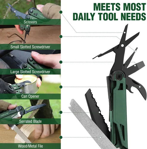 Vista 6 de FLISSA Multiherramienta, cuchillo de bolsillo multiherramienta 15 en 1 con funda, alicates multiherramienta EDC de acero inoxidable para hombres