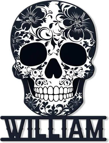 Vista 11 de Letrero de metal personalizado con calavera, letrero colgante de calavera para porche al aire libre, valla de pared con nombre personalizado, patio