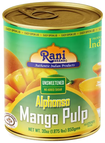 Vista 24 de Puré de pulpa de mango Rani (hace batidos de mango Lassi) Alphonso endulzado 30 onzas (1.875 libras) 29.98 oz ~ Kosher Todo natural Sin OMG