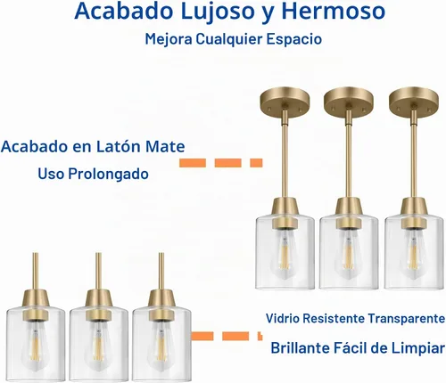 Vista 2 de Paquete de 3 luces colgantes de latón para isla de cocina, lámpara moderna dorada de cristal transparente, varillas ajustables con múltiples