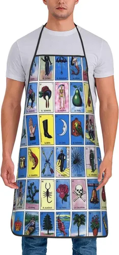 Vista 2 de Coloridas tarjetas de bingo mexicanas delantales impermeables delantales de chef delantales babero delantales para mujeres hombres cocina cocina