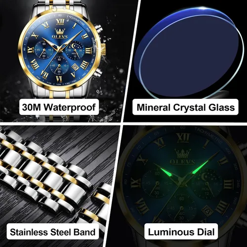 Vista 4 de OLEVS Reloj cronógrafo de acero inoxidable para hombre, con números romanos, fecha, analógico, de cuarzo, para hombre, multifuncional, a la moda