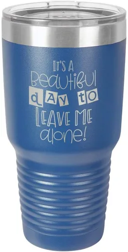 Vista 15 de Taza de viaje de acero con recubrimiento de polvo grabado por láser con grabado «It 'S A BEAUTIFUL DAY TO LEAVE ME ALONE» de 325 ml con campana