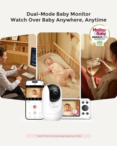 Vista 2 de Momcozy Monitor de bebé inteligente WiFi con cámara y audio, pantalla 1080P de 5 pulgadas con montaje en pared, detección de movimiento y llanto