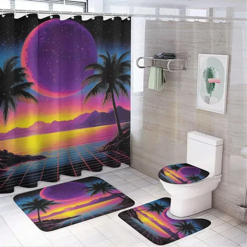 Vista 12 de 4 cortinas de ducha abstractas de los años 80 con diseño de hojas de palma, moderna ilustración de rejilla de neón Synthwave Anime juego de baño